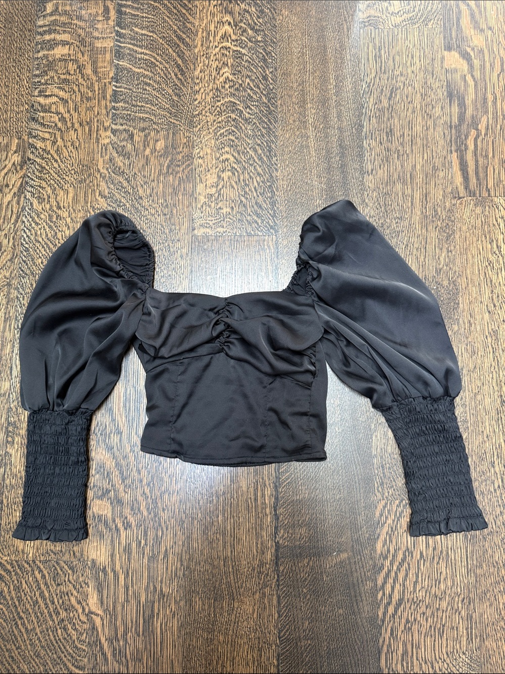 H&M Divided Black Satin Smocked Crop Top Puff Sleeve Twist Front Size S